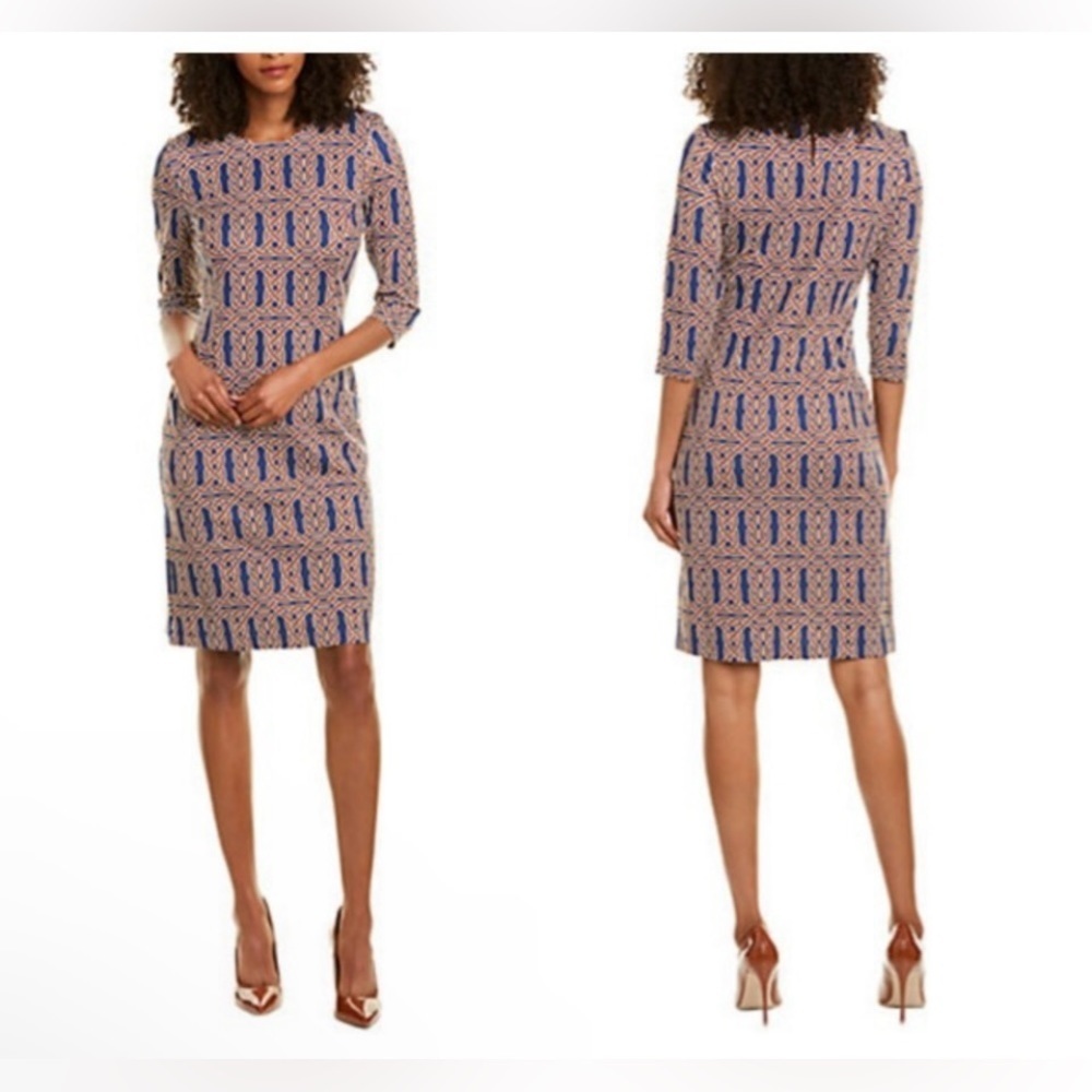 J. McLaughlin Navy Blue Rust Geometric Print Fall Catalyst Sheath Dress Size L
